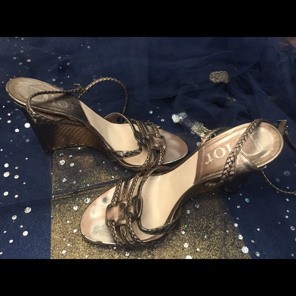 DIOR METALLIC PEWTER VTG GREEK BRAIDED LEATHER WEDGE Heels GORG LUX 7 $ FIRM - Picture 1 of 6